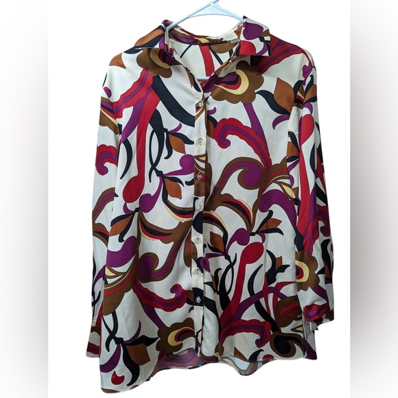 NWOT Tahari women’s paisley oversized satin button down blouse multi color XS - Picture 1 of 7